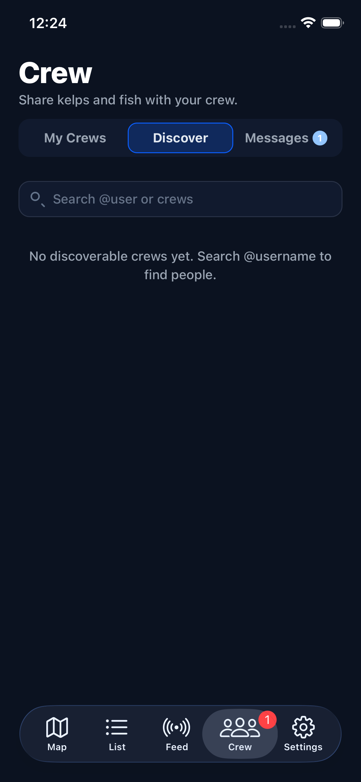 Discover section with search and public crews