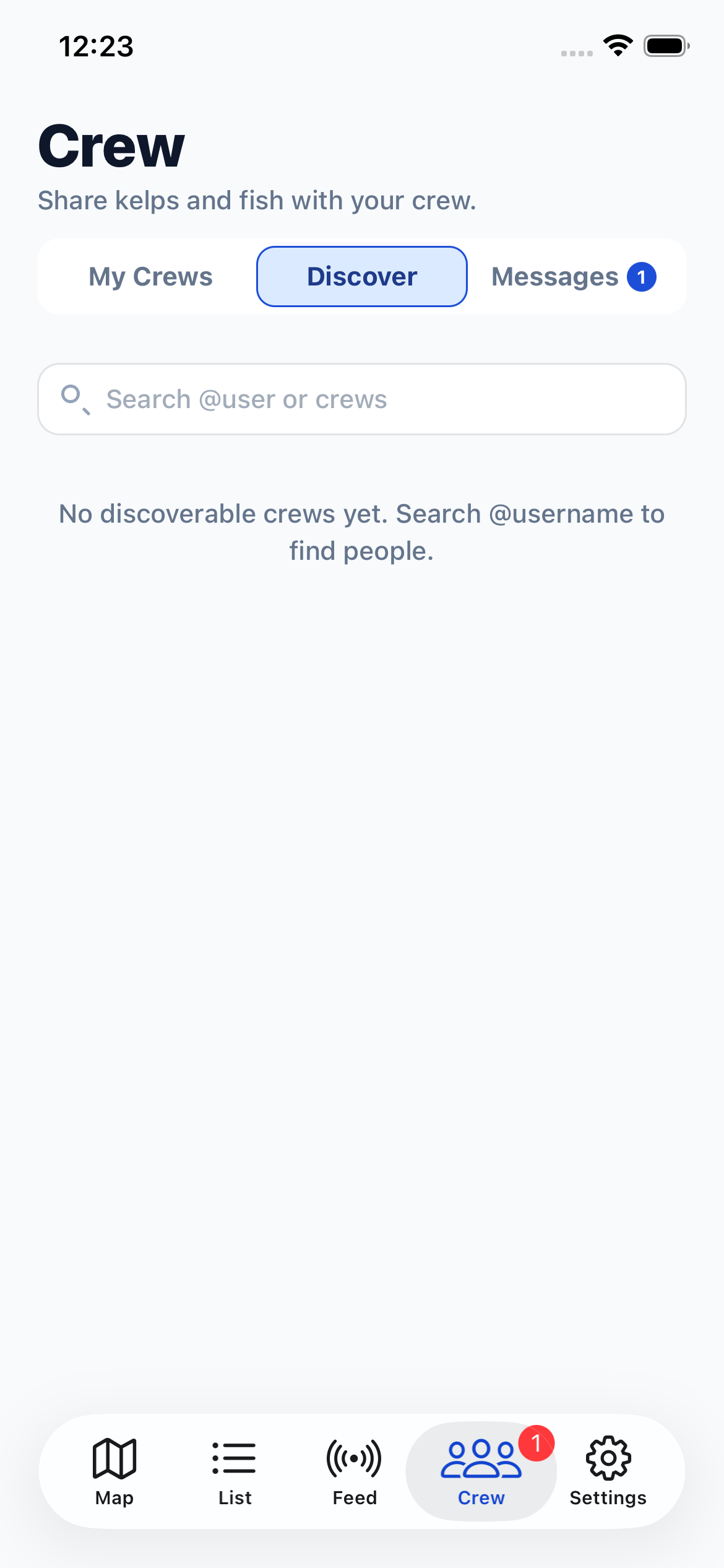Discover section with search and public crews