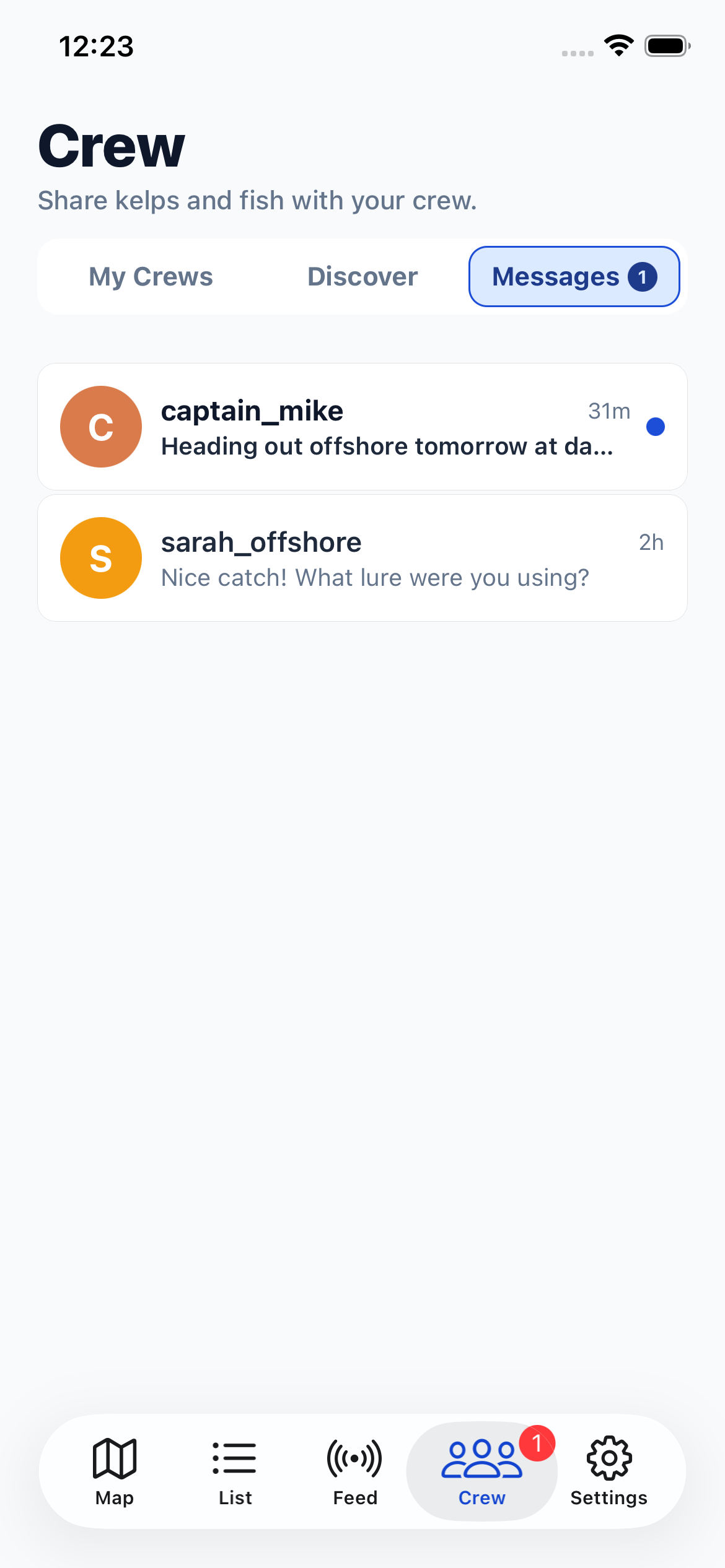 Messages section with conversation list