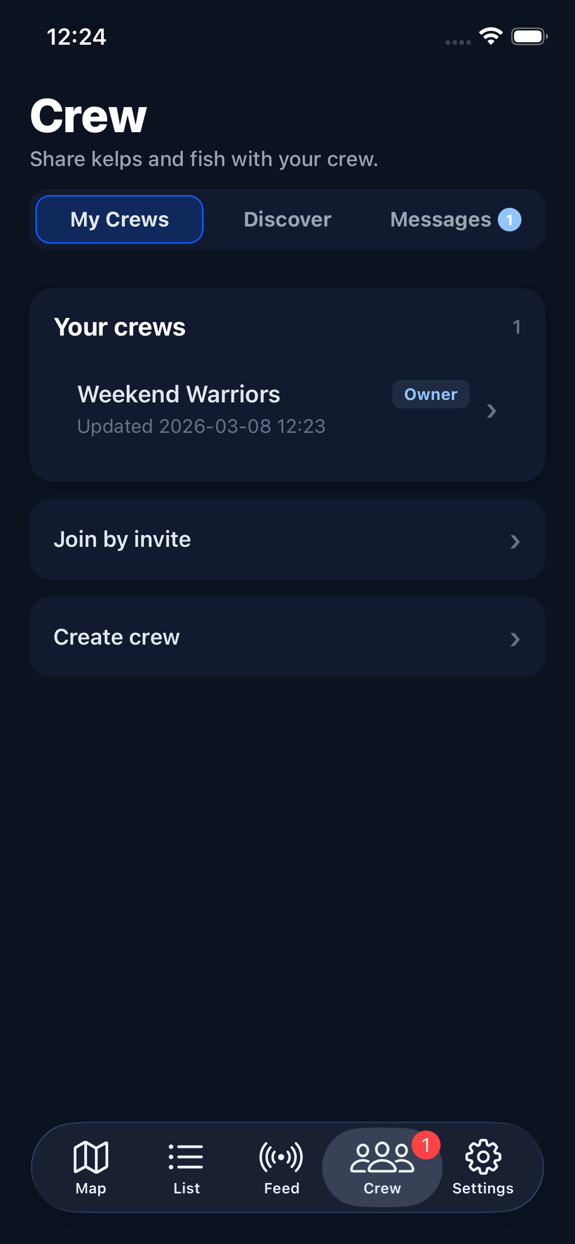 My Crews section with crew list and create options