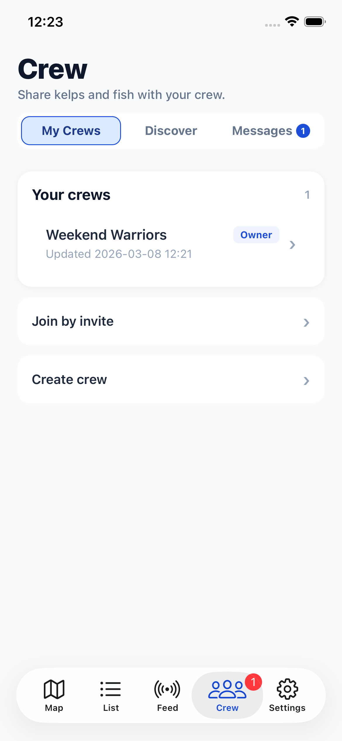 Crew tab showing My Crews list