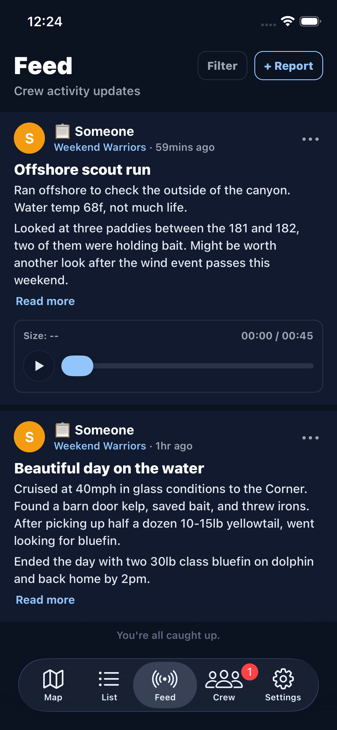 Feed showing crew reports