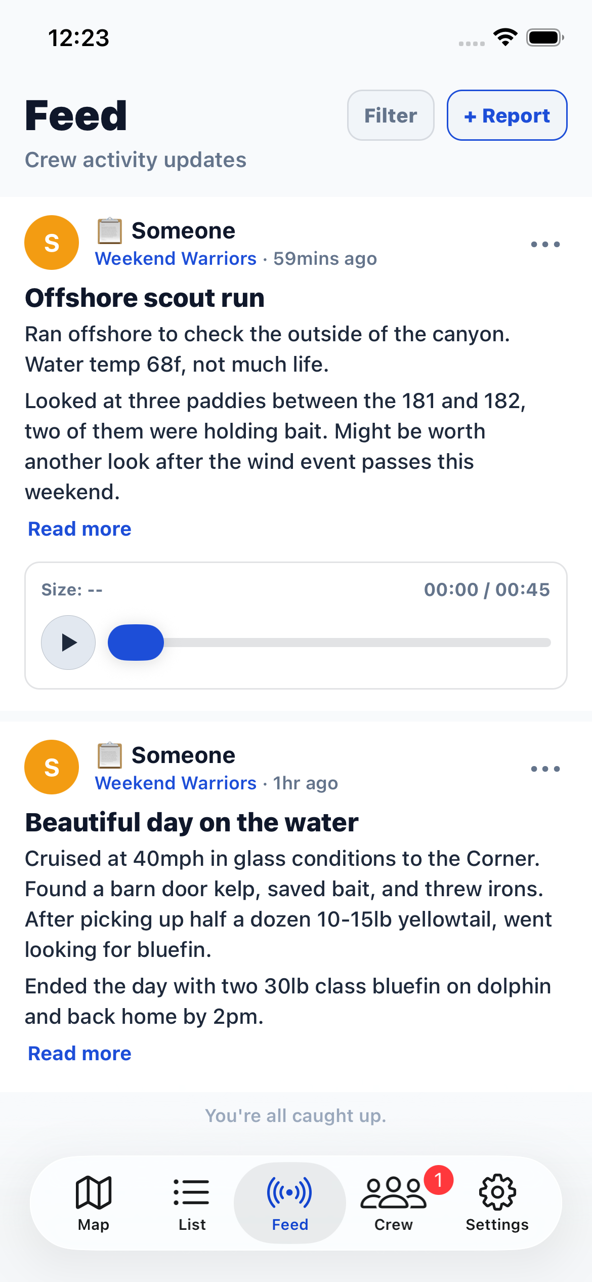 Feed showing crew reports