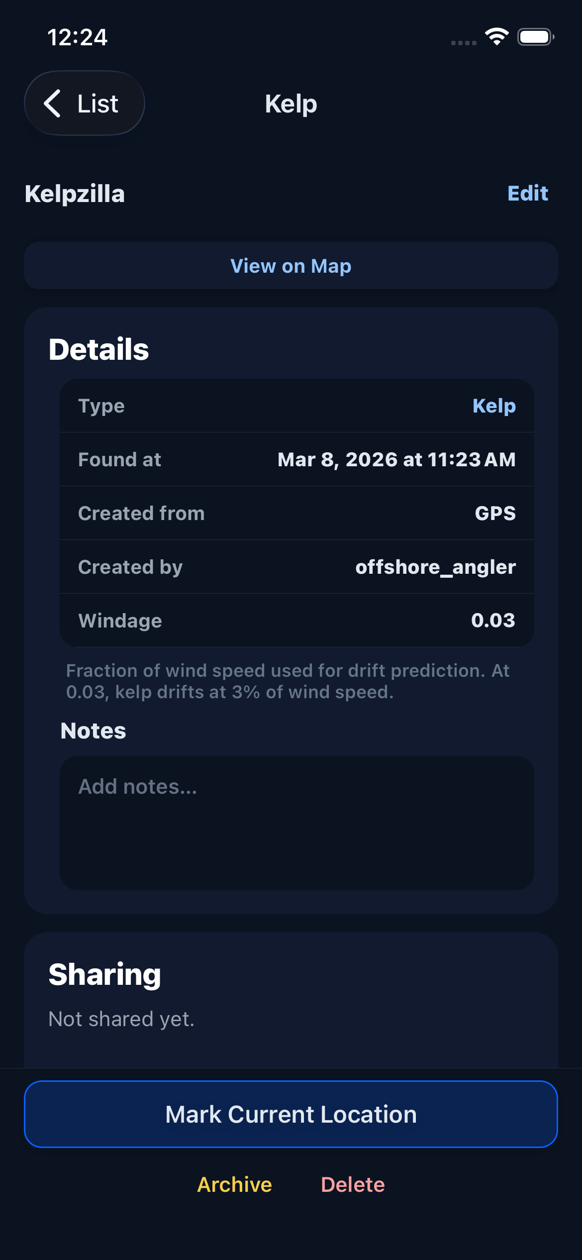Kelp detail screen showing name, marks, and sharing options