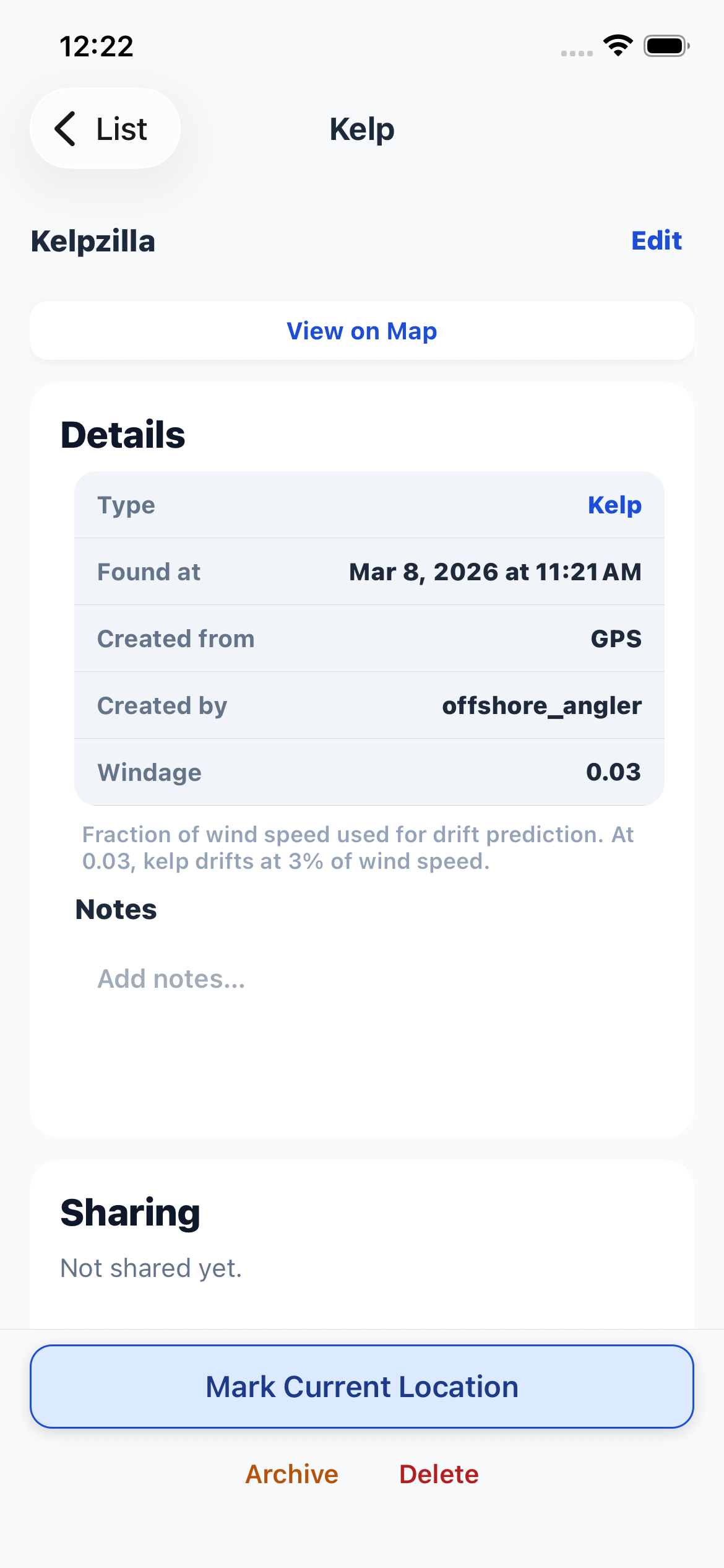 Kelp detail screen showing name, marks, and sharing options