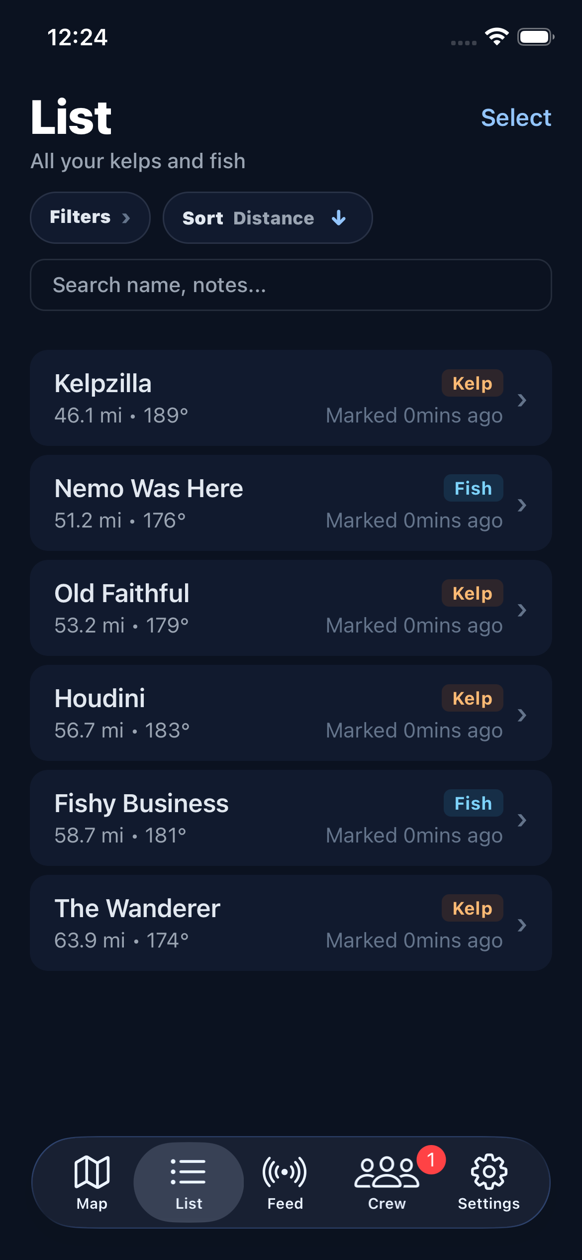 List view showing kelp and fish items