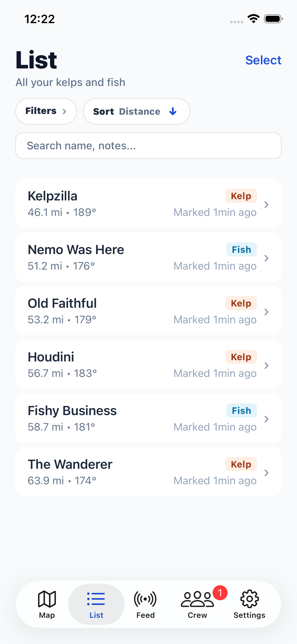 List view showing kelp and fish items