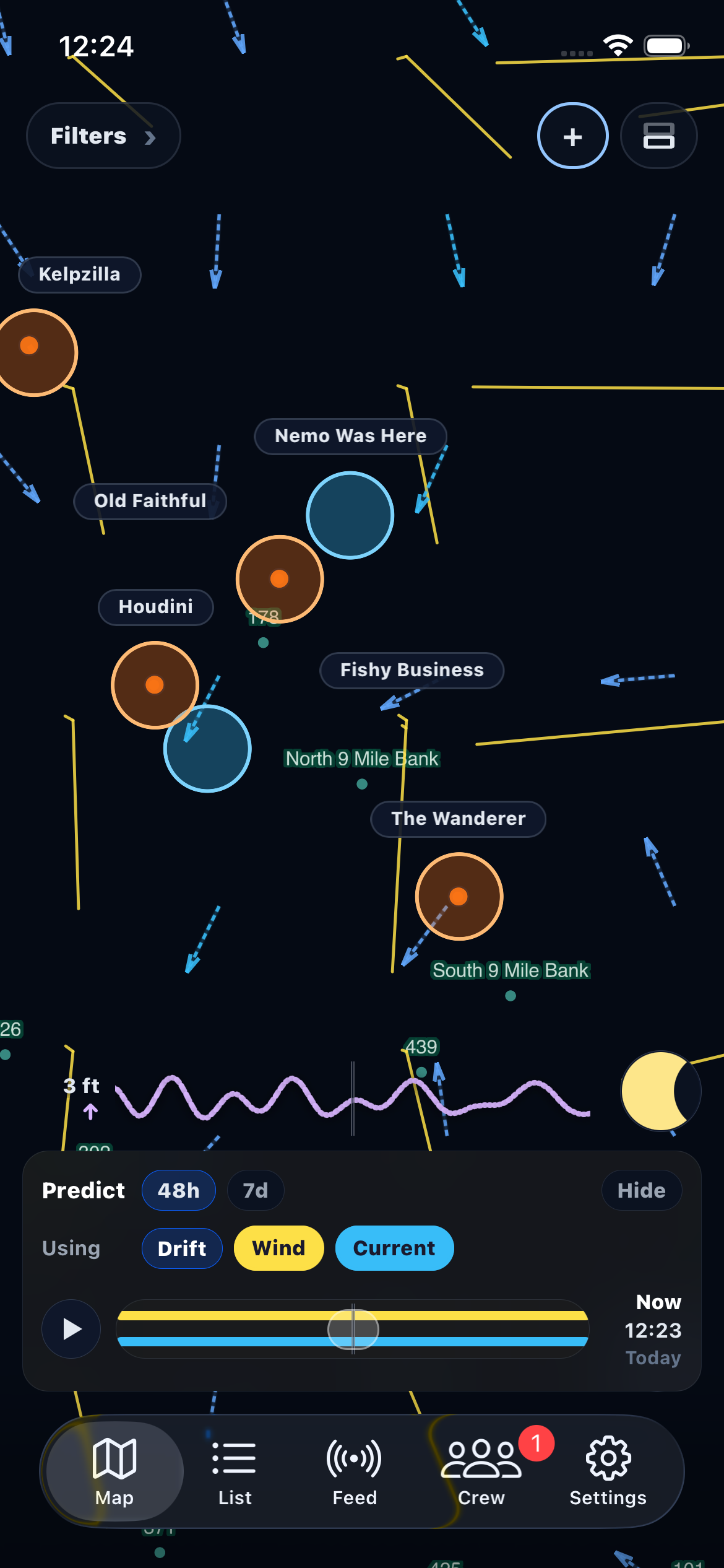 Map view showing kelp marks and data layers