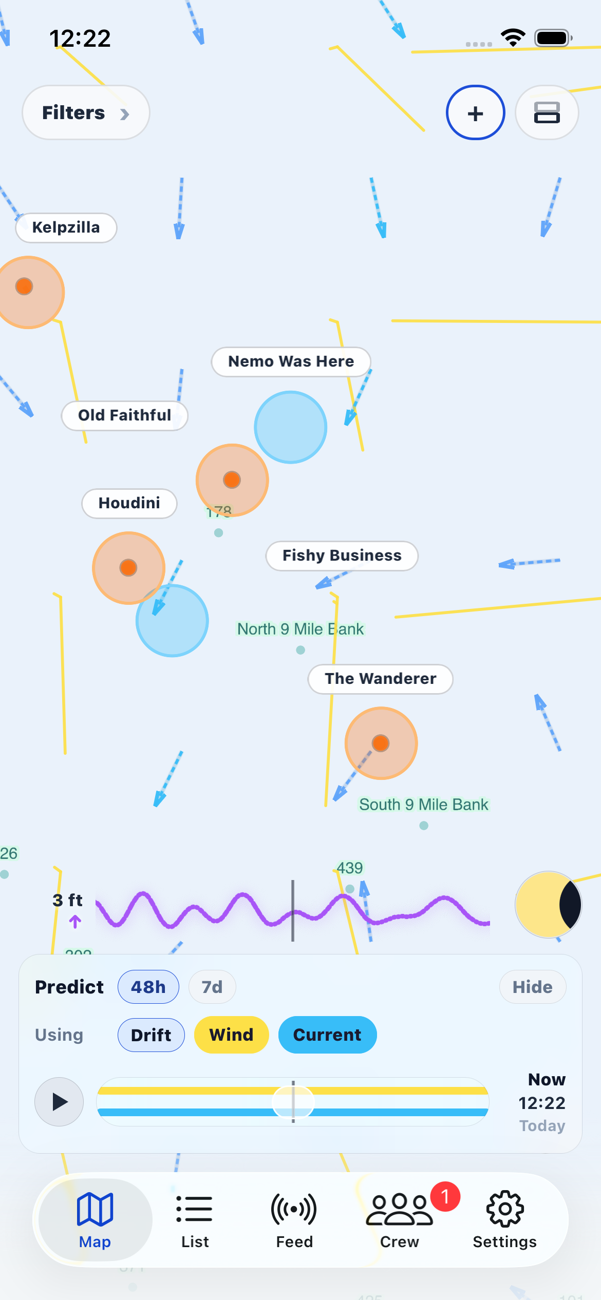 Map view showing kelp marks and data layers