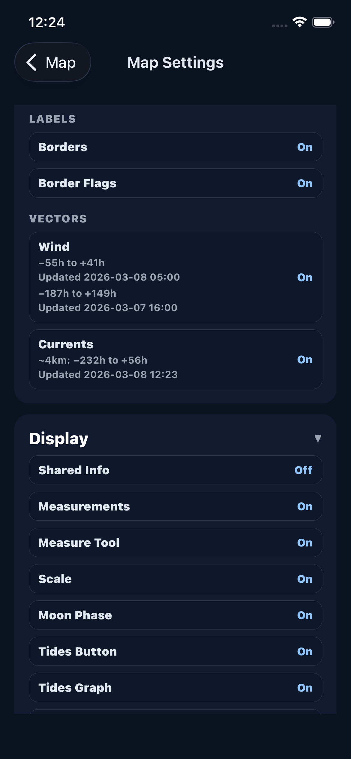 Map settings display section