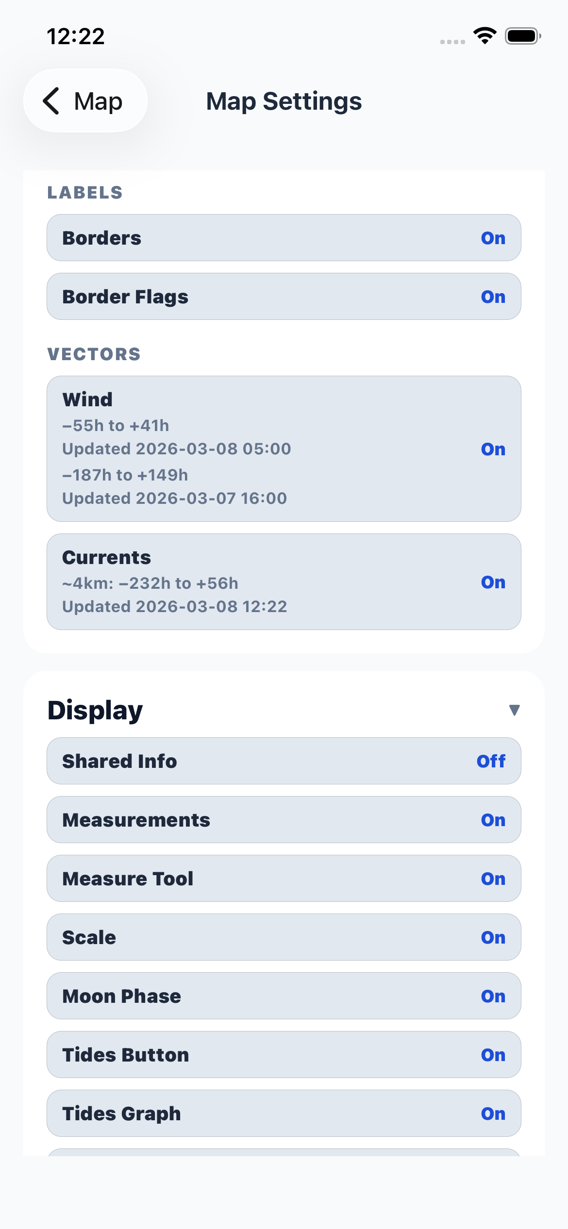 Map settings display section