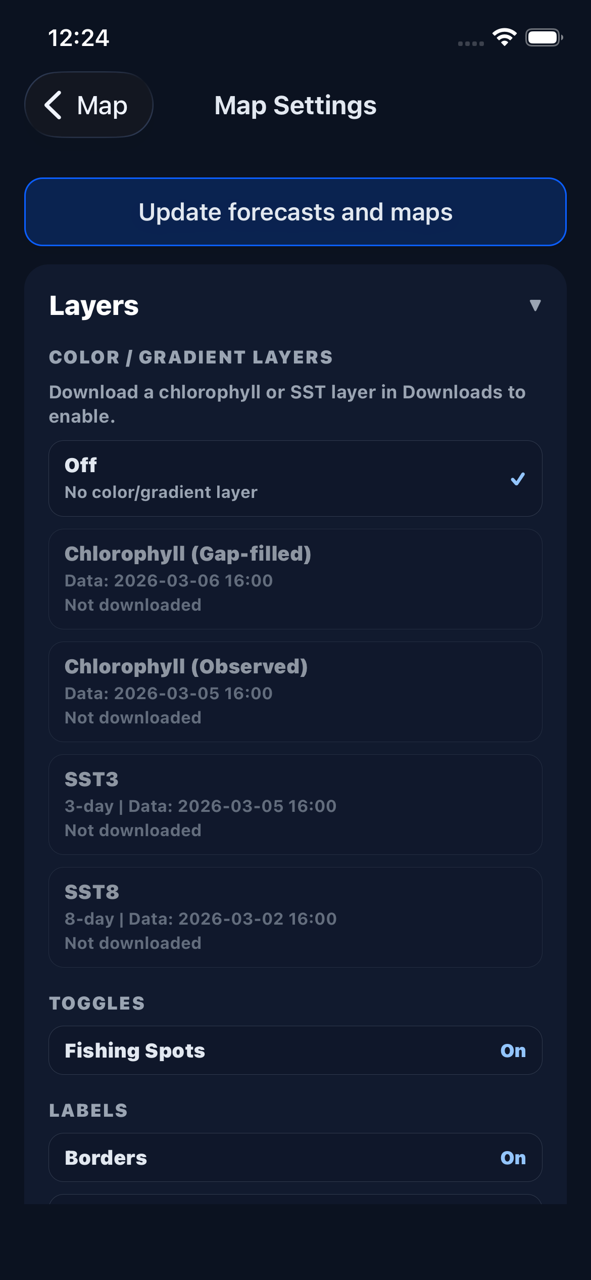 Map settings layers section