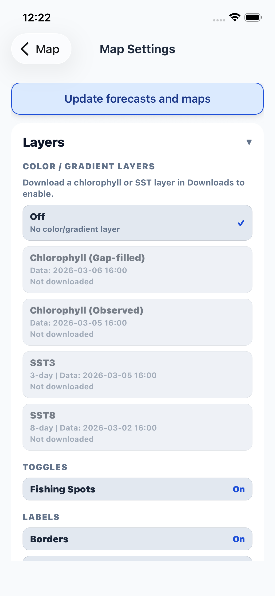 Map settings layers section