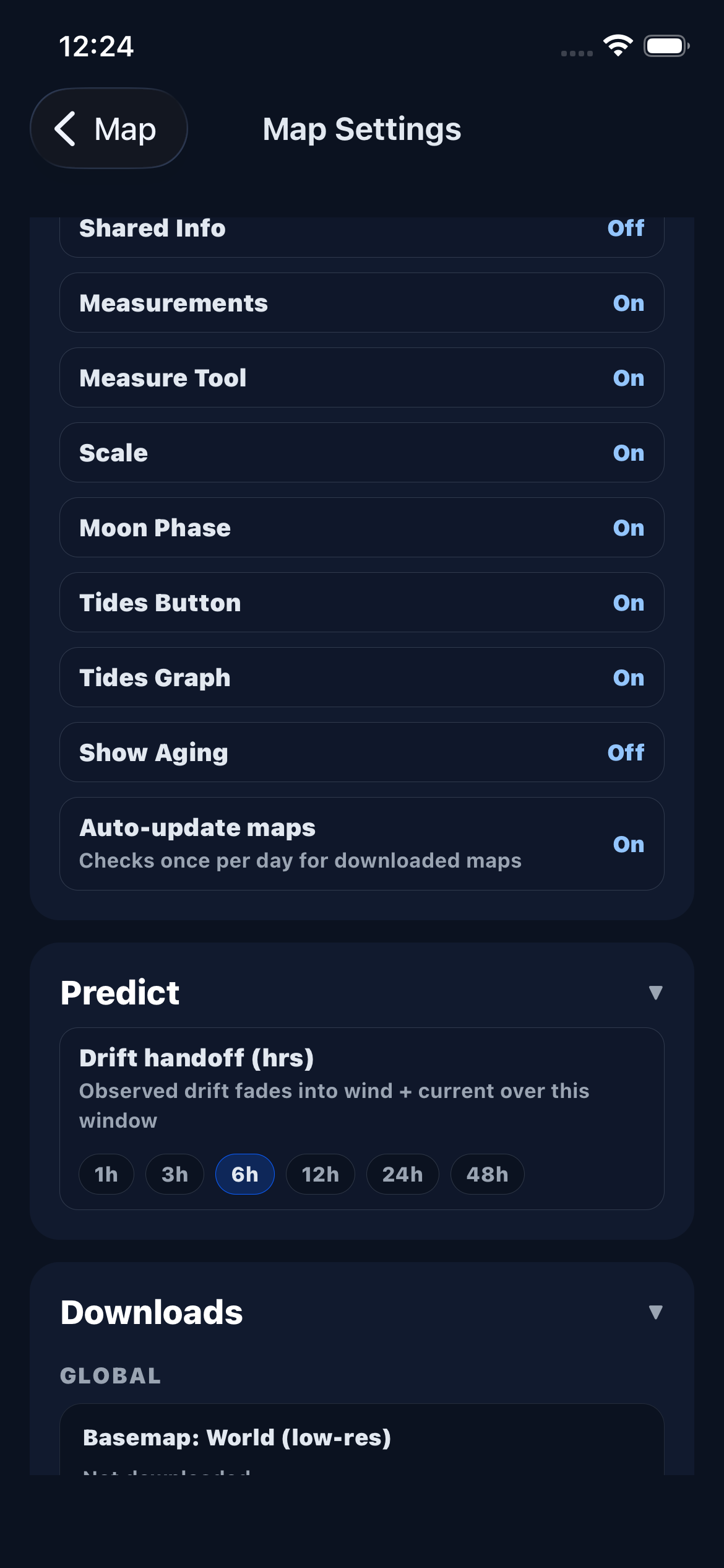 Map settings predict section