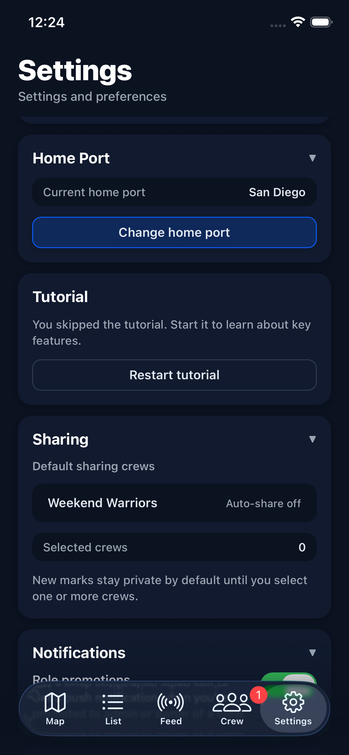 Home port selection screen