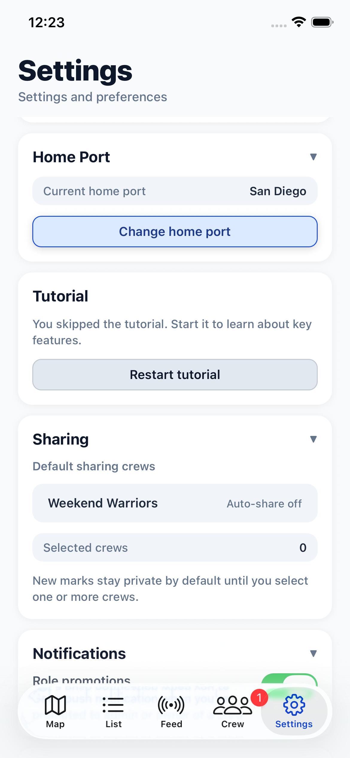 Home port selection screen