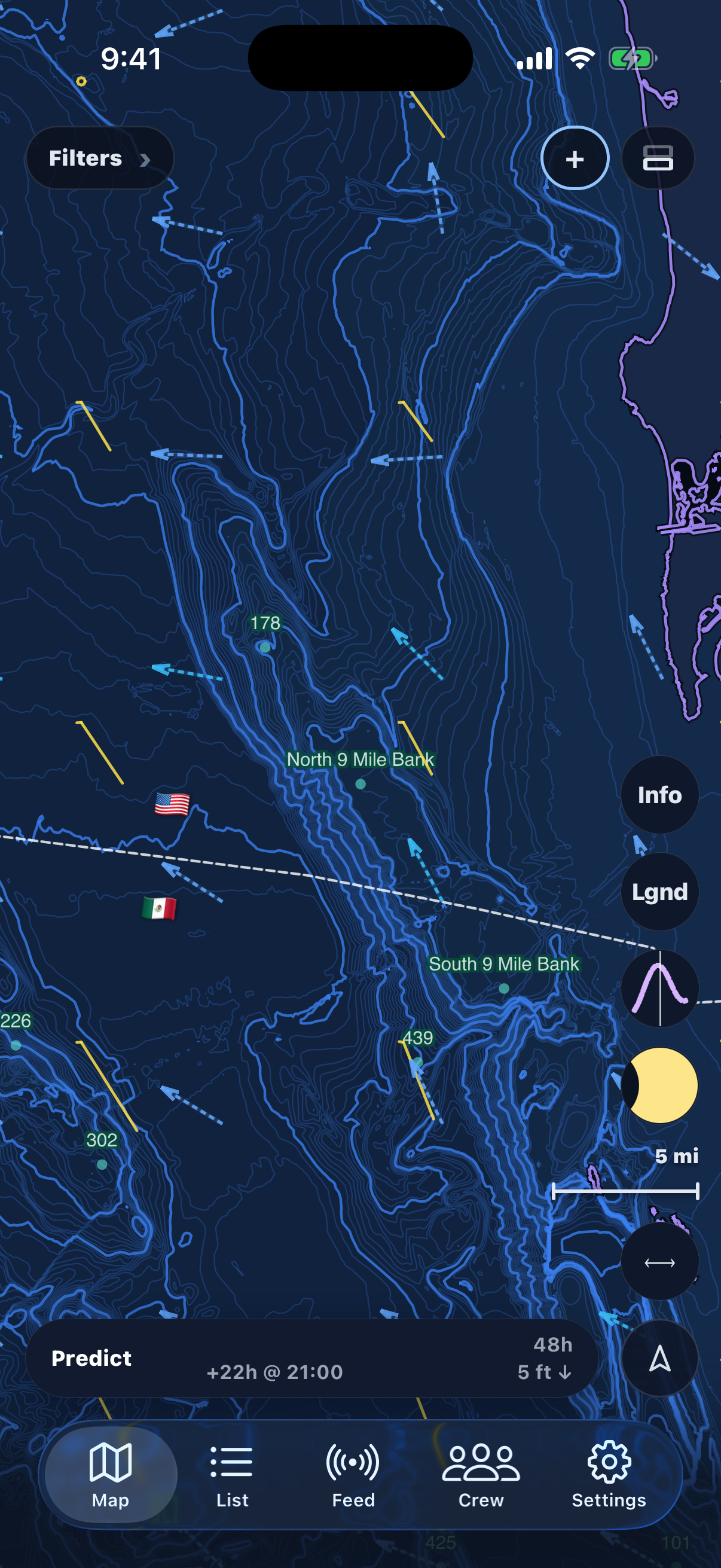 Bathymetry depth map with wind and current vectors