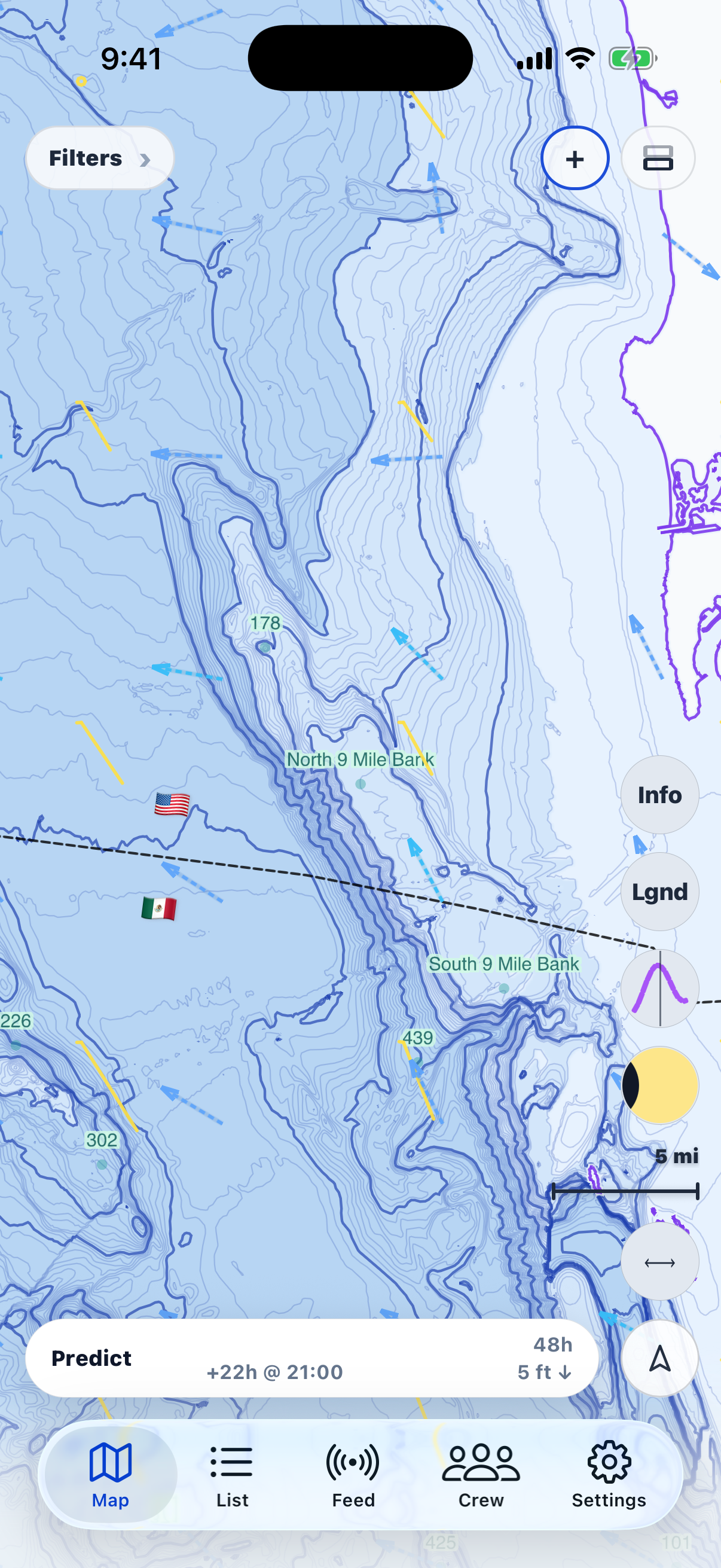Bathymetry depth map with wind and current vectors