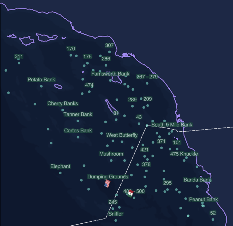 Southern California coverage area showing offshore banks and fishing spots