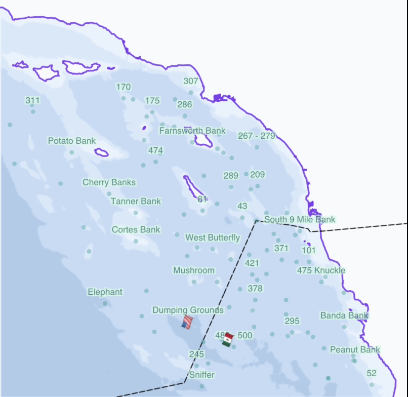 Southern California coverage area showing offshore banks and fishing spots