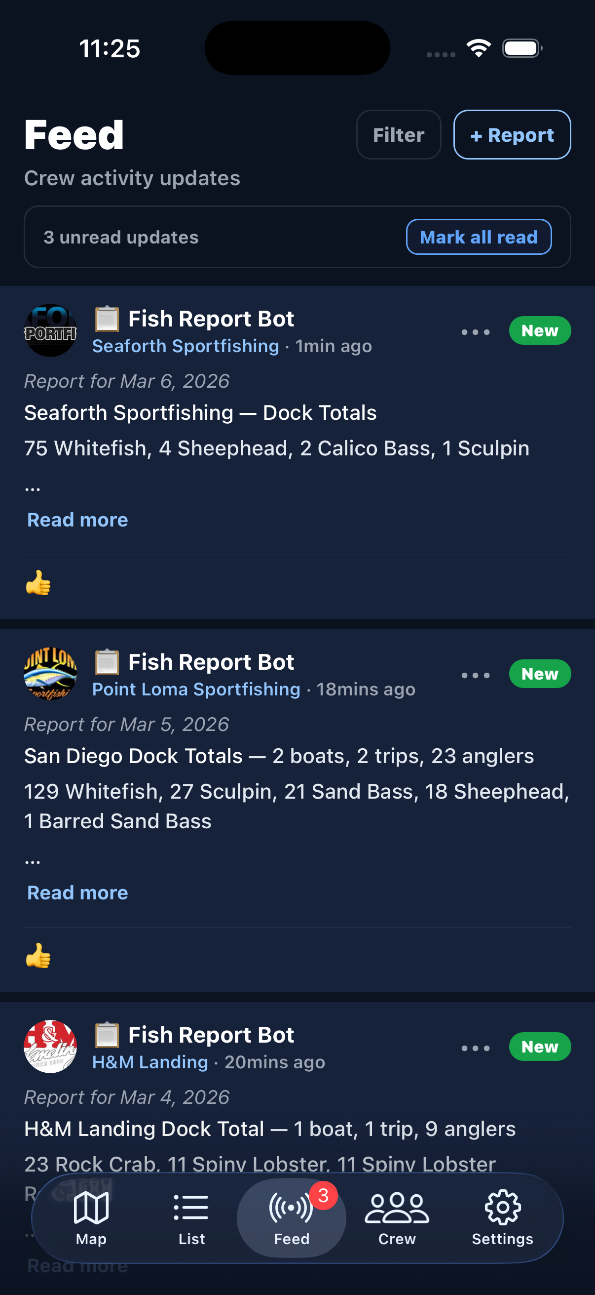 Crew feed with fish reports