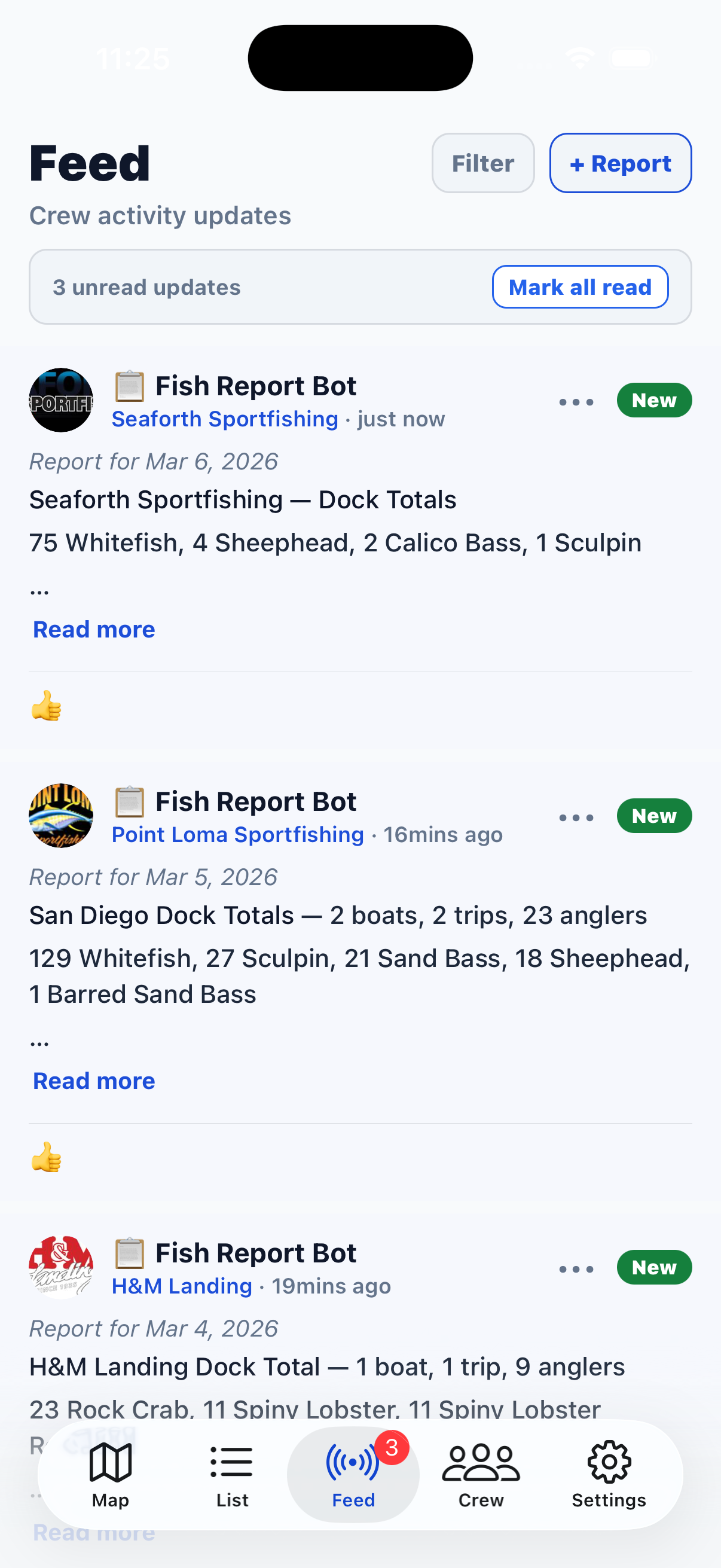Crew feed with fish reports