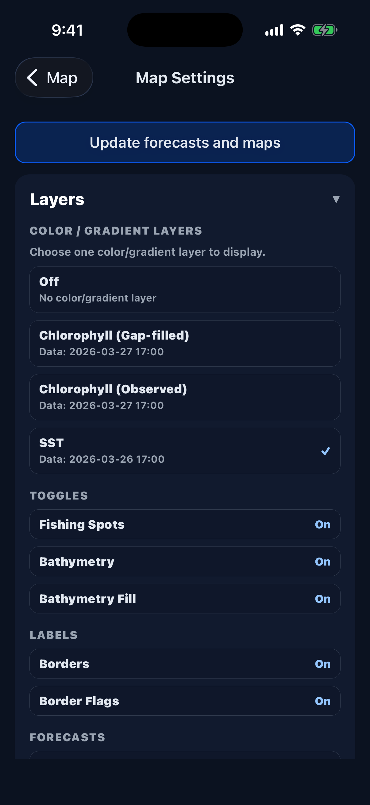 Map settings with layer options