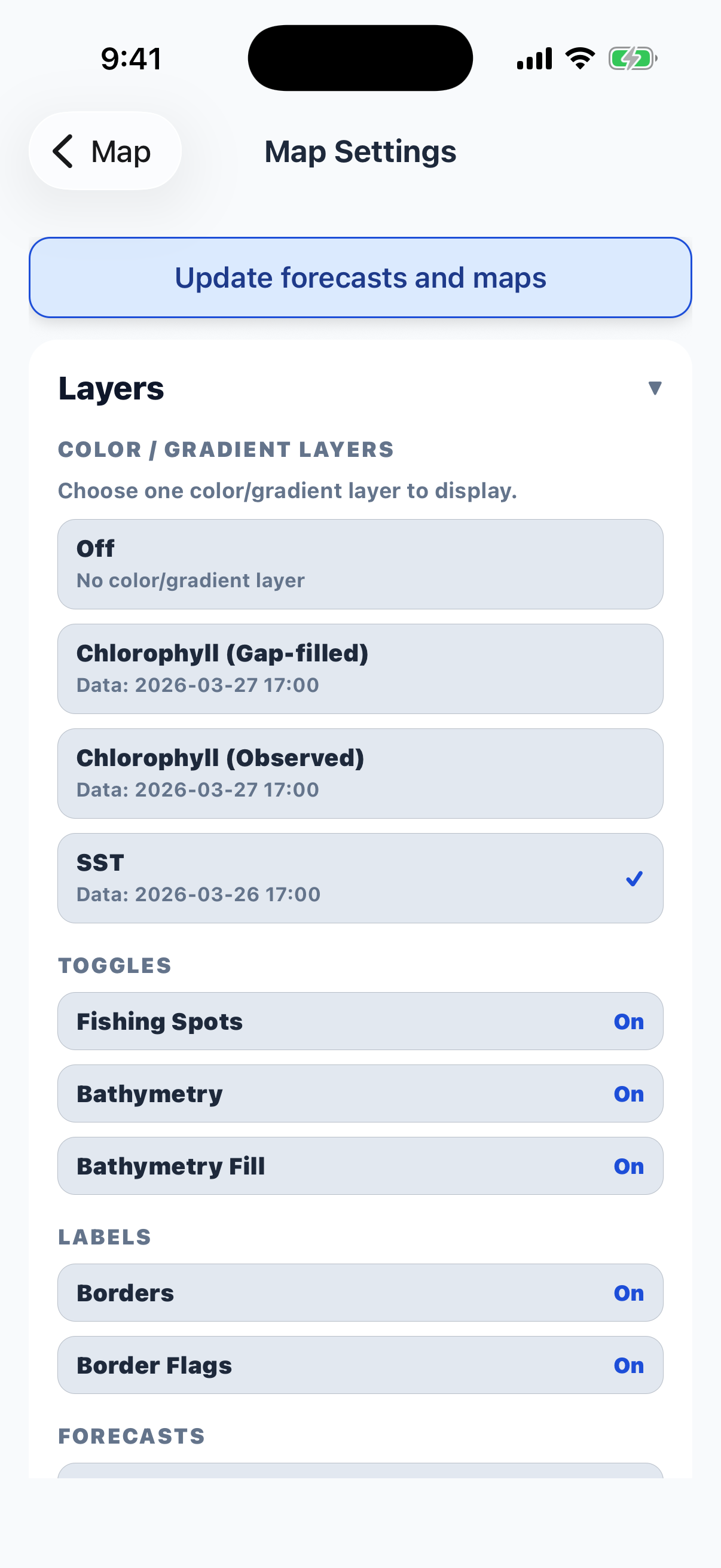 Map settings with layer options